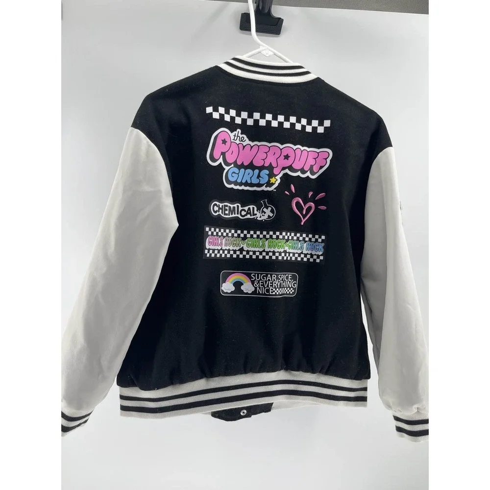 Powerpuff‎ Girls Justice Varsity Jacket Youth XL Black White Bomber Cartoon